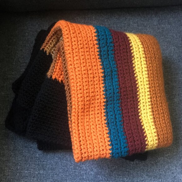 Hand Crocheted Multi-Colored Striped Black Border Square Lap Blanket Throw
